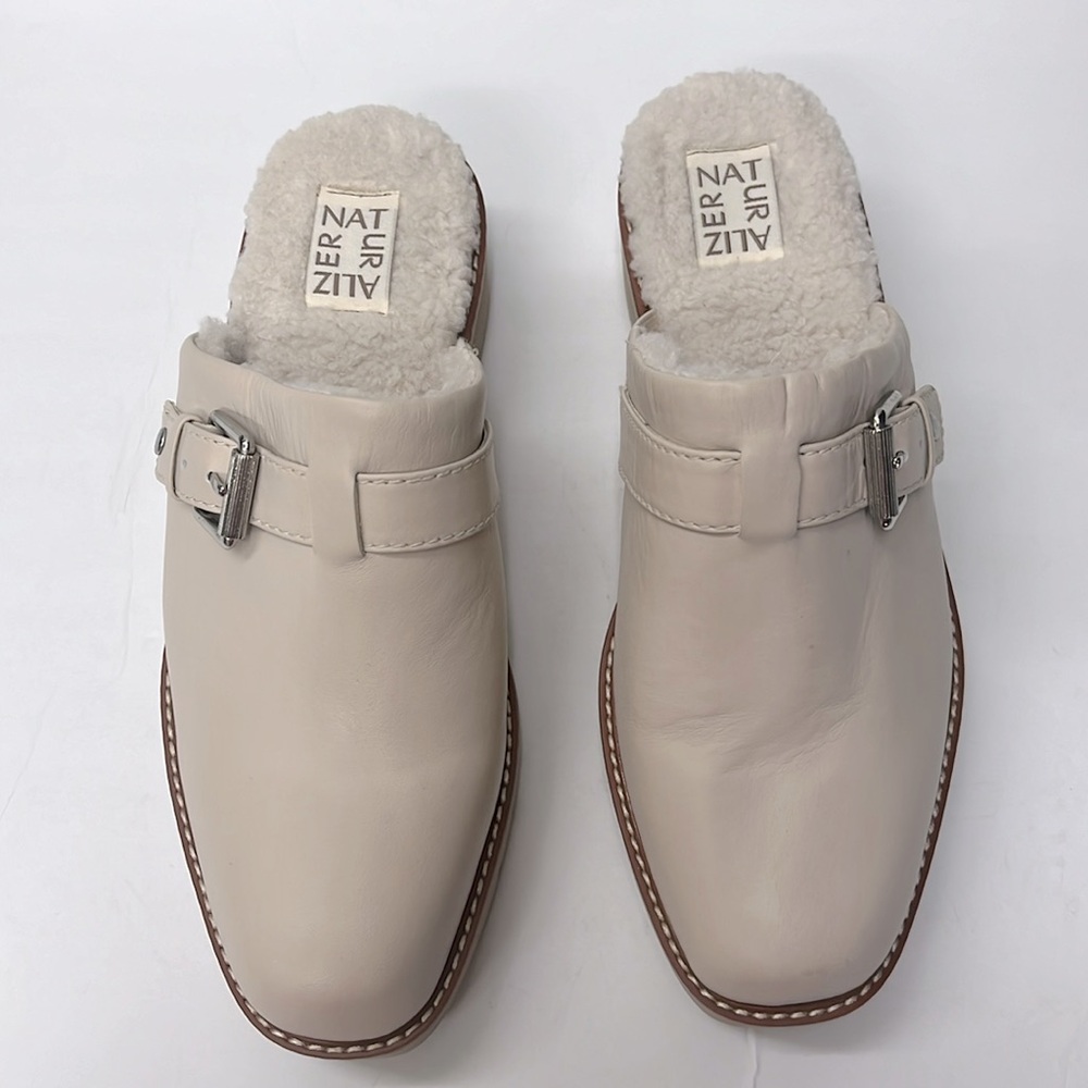 Naturalizer Cream Leather Mule Clogs with Shearling Lining